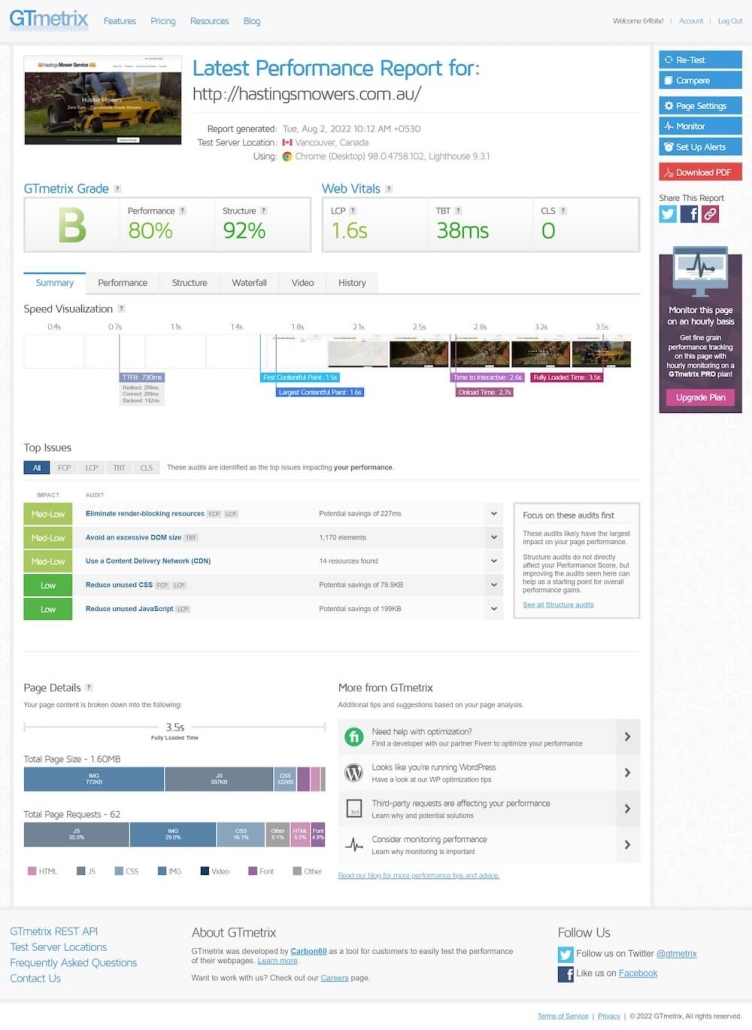 Website Score Hastings Mower Service BEFORE LiteSpeed Caching