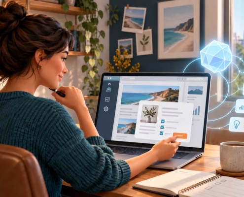Business owner reviewing a WordPress website draft while an AI assistant helps organise the work.