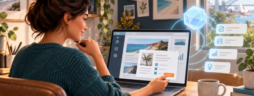 Business owner reviewing a WordPress website draft while an AI assistant helps organise the work.